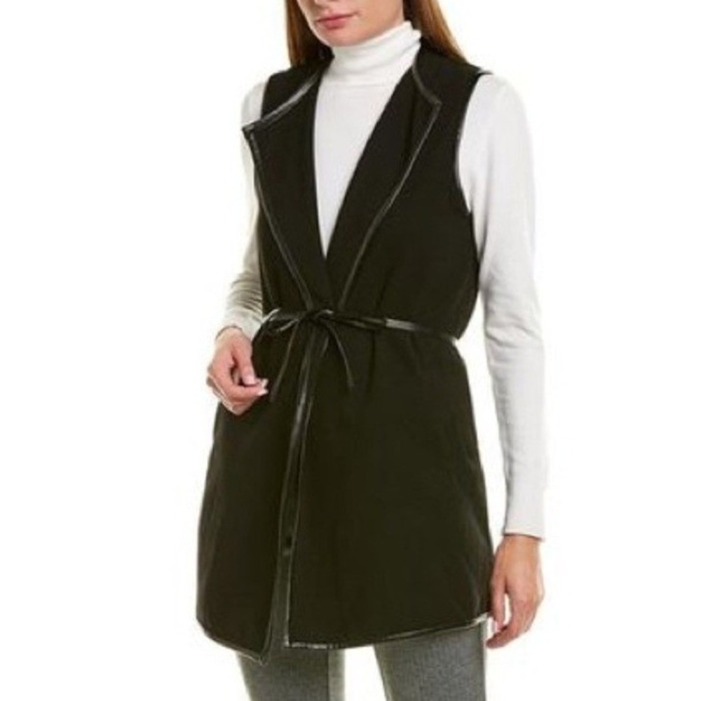 J.McLaughlin $258 Small Navy Blue Longline Open Front Vest Vegan Leather Trim